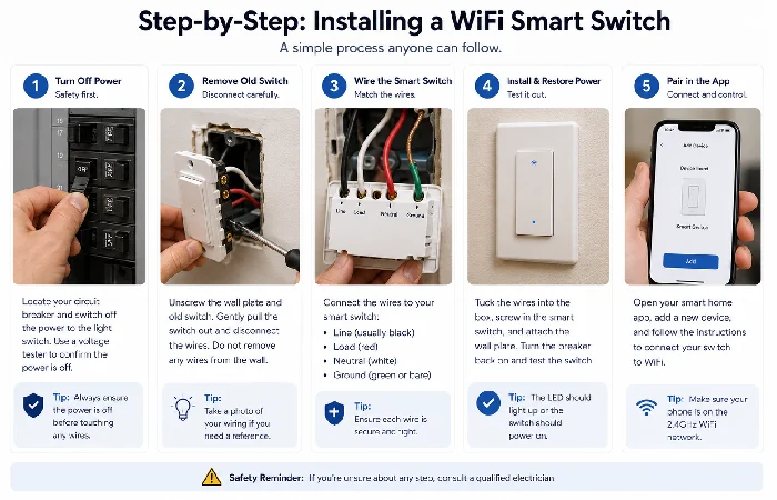 Step‑by‑step installation of a WiFi smart switch from breaker shutoff to app setup.”