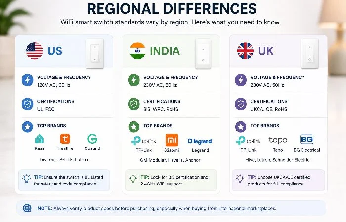 Regional differences in WiFi smart switch standards across US UK and India