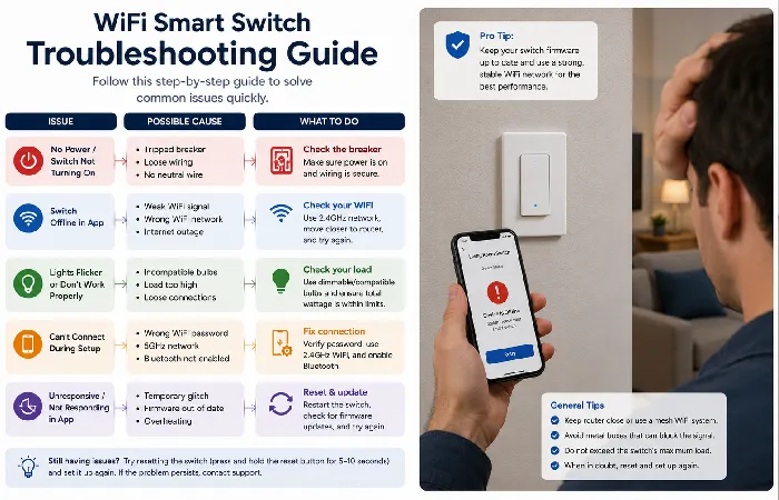 Troubleshooting WiFi smart switch issues with a phone app and wall switch.