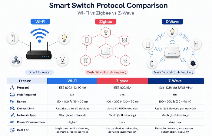 Comparison diagram of Wi-Fi vs Zigbee vs Z-Wave smart switch protocols