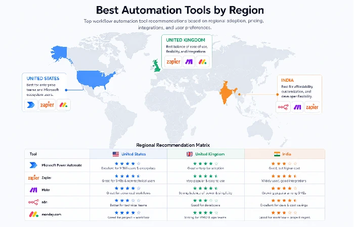 Workflow automation tool recommendations by region — US UK and India 2026
