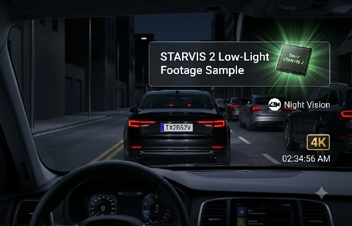 4K dash cam with night vision, STARVIS 2 sensor low-light footage sample