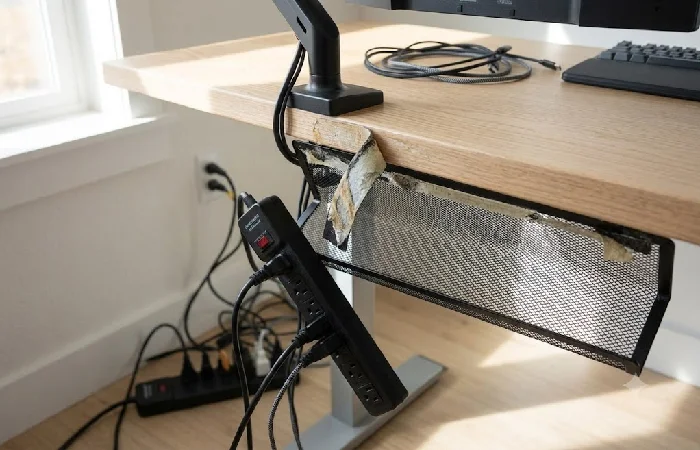 Failed adhesive cable tray hanging loose from desk underside after VHB tape gave way in heat