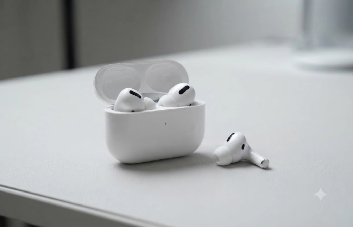 Apple AirPods Pro 3 earbuds in charging case with iPhone
