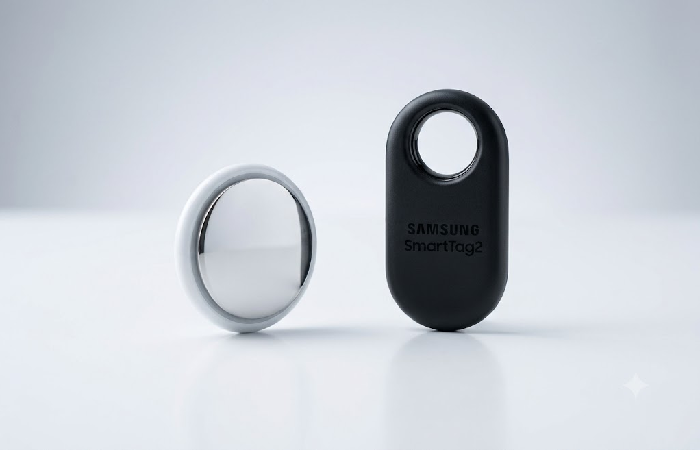 Side-by-side comparison of Apple AirTag and Samsung SmartTag2 trackers.