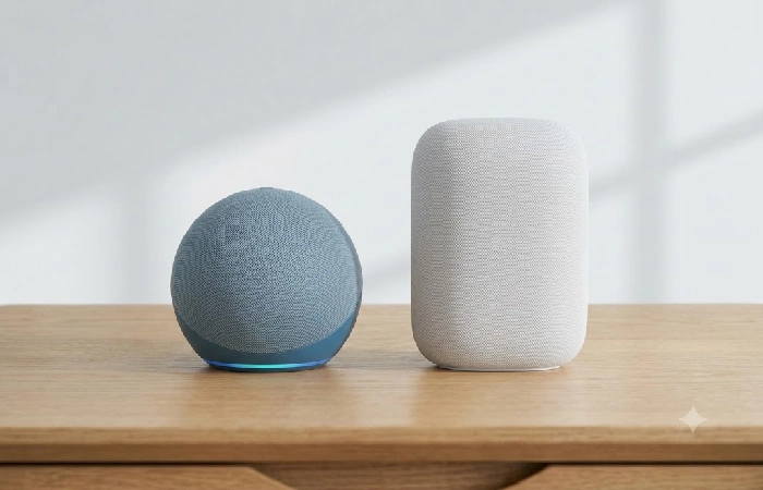Amazon Echo speaker and Google Nest speaker positioned side by side on a shelf