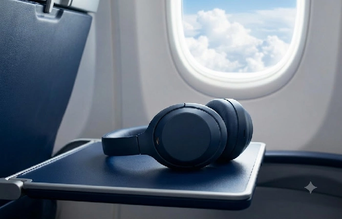 Over-ear ANC headphone on an airplane tray table mid-flight