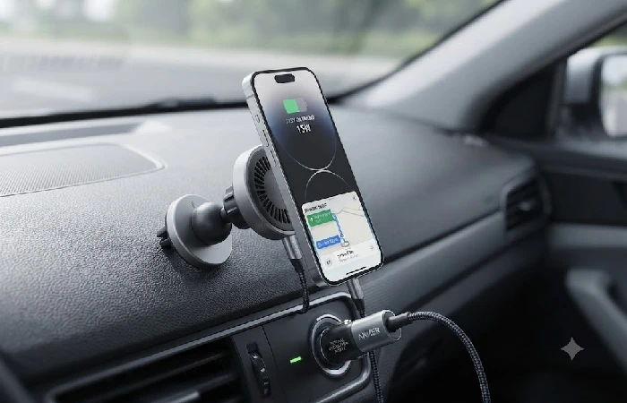 Anker MagGo magnetic wireless car charger mounted on dashboard