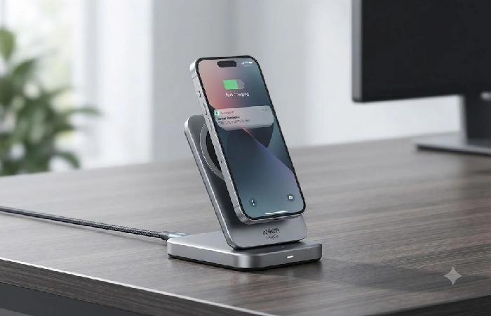Anker MagGo Qi2 wireless charging stand with iPhone 17