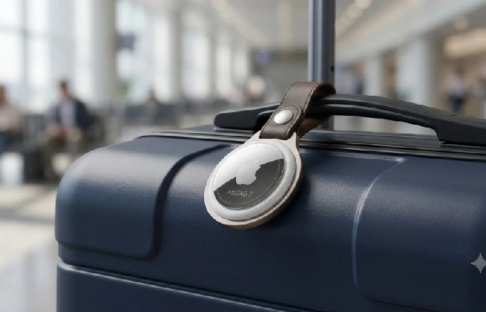 Apple AirTag 2 attached to luggage for real-time tracking