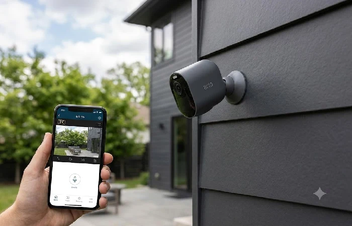 Arlo Pro 5S security camera mounted outdoors for home monitoring