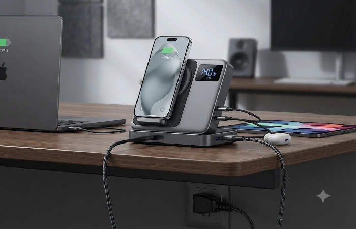 Baseus Nomos 5-in-1 wireless charging station with laptop and phone