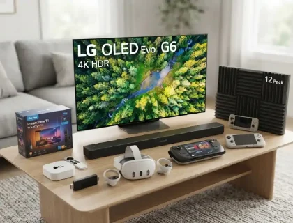 Best entertainment gadgets for home use arranged on a living room table, 2026