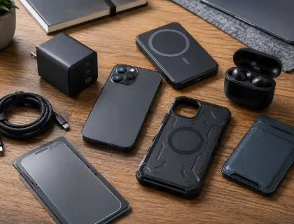 Collection of the best mobile accessories for 2026 including GaN charger, Qi2 power bank, wireless earbuds, and phone case