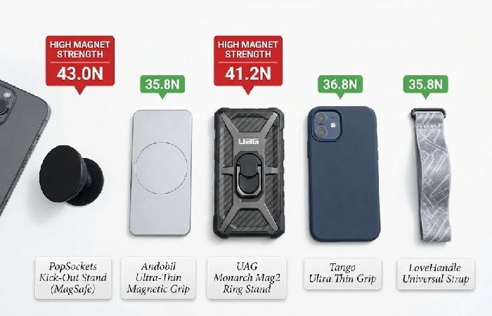 Flat lay of five tested phone grips on a white background with product labels and magnet strength callouts