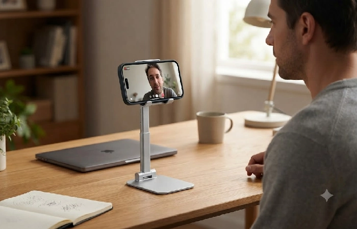Desk setup with a phone stand holding a smartphone at eye level during a video call