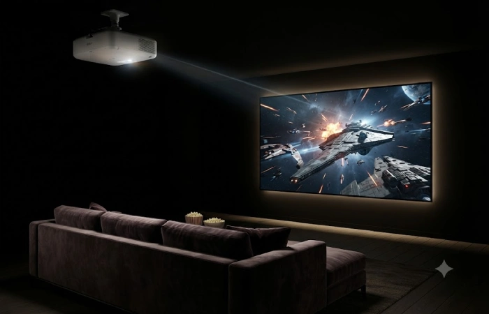 Home projector displaying movie in darkened living room
