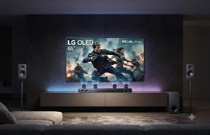 Samsung soundbar with wireless rear satellites in a home theater setup