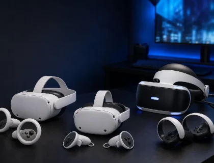 Three VR headsets arranged on a gaming desk for a 2026 buying comparison