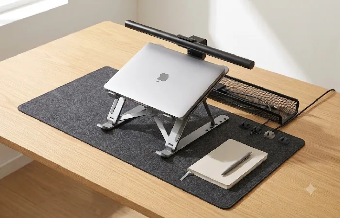 Budget desk accessories on a tidy workspace with laptop stand and light bar