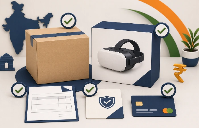 Checklist visual for buying a VR headset in India with shipping box, invoice, warranty, payment card, and verification marks