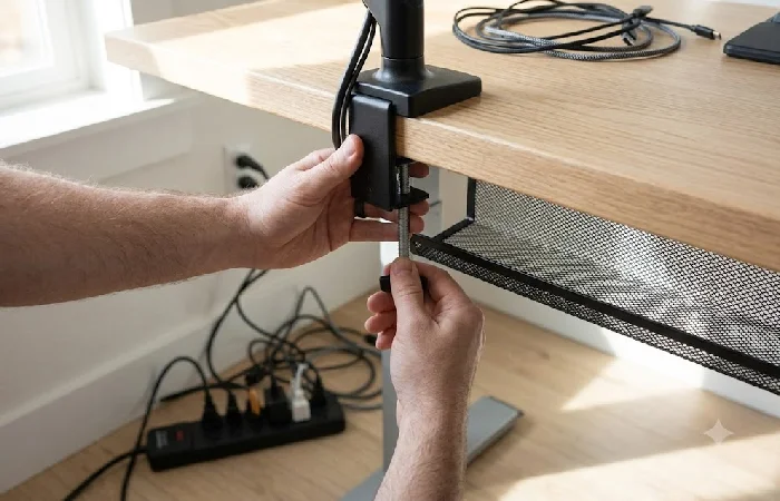 Hands mounting a clamp-on cable tray to a desk edge during cable management setup