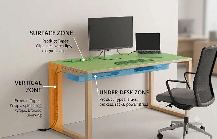 Diagram showing three desk cable management zones: under-desk, surface, and floor-to-desk vertical