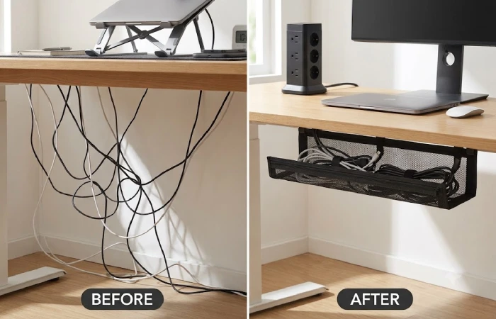 Under-desk cable management tray hiding cables with tower power strip on desk