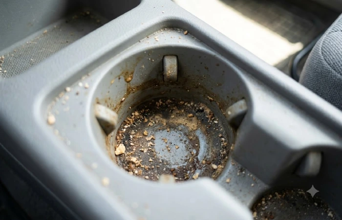 Close-up of dust and debris buildup in a car cup holder