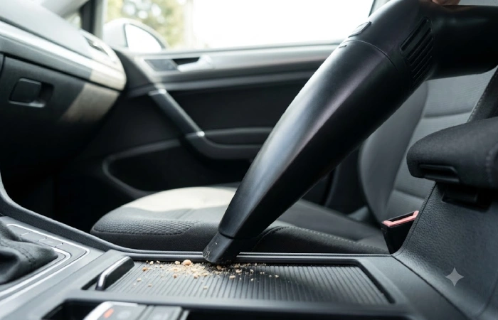 Handheld vacuum cleaning crumbs from a car seat crevice