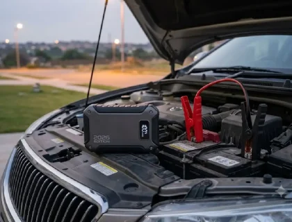 Portable car jump starter connected to a car battery