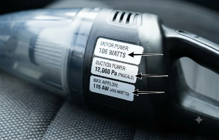 Car vacuum spec label showing watts and air watts suction ratings