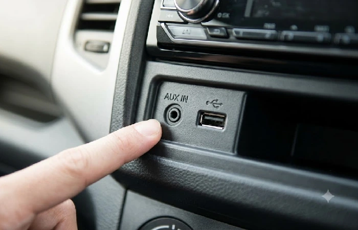 AUX Bluetooth adapter plugged into a car stereo with phone pairing on screen