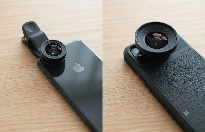 Clip-on phone lens kit next to Moment case-mount lens system