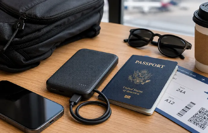 Compact 10,000mAh power bank with USB-C cable for travel and daily commuting