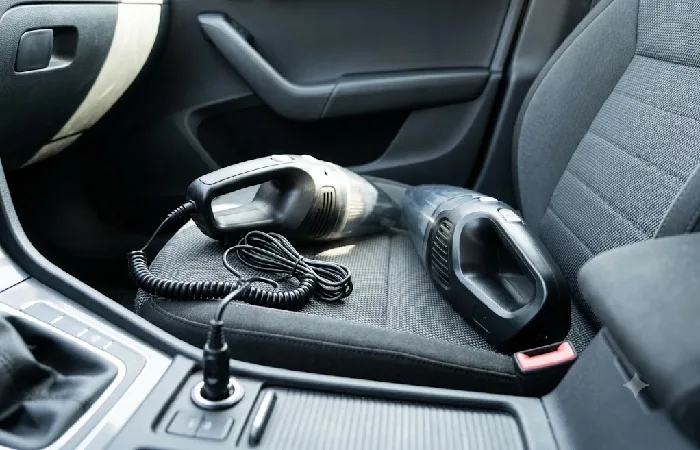Corded 12V car vacuum plugged into car outlet next to cordless battery model