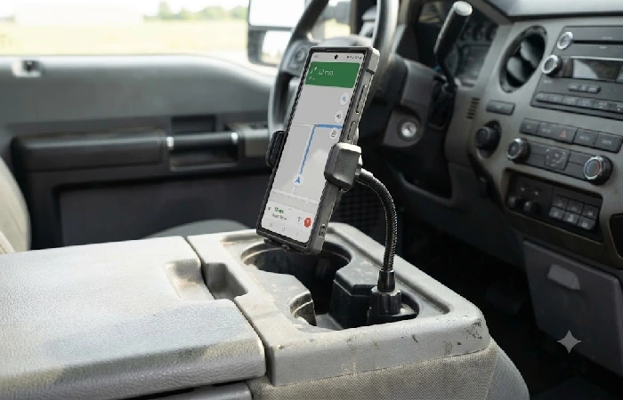 Cup holder phone mount installed in truck console