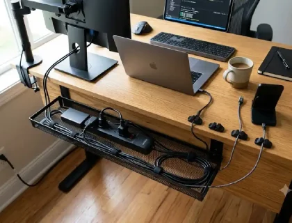 Clean desk setup with under-desk cable tray, magnetic clips at edge, and bundled cables using velcro ties