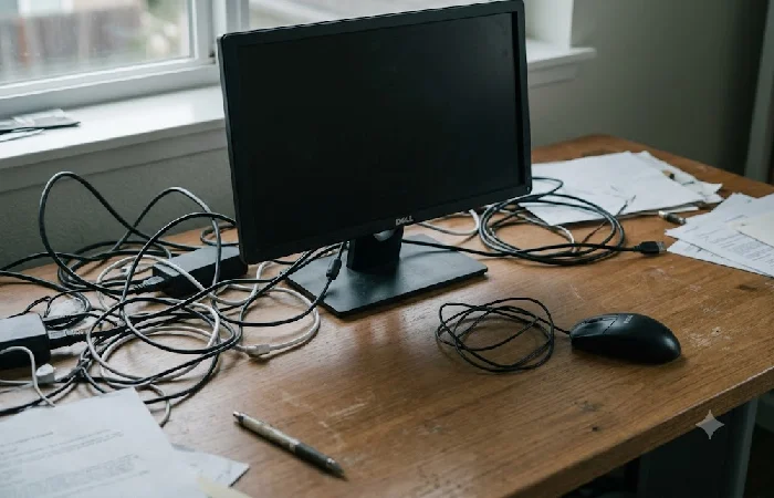 Cluttered office desk showing tangled cables, a low monitor, and a flat mouse causing wrist strain