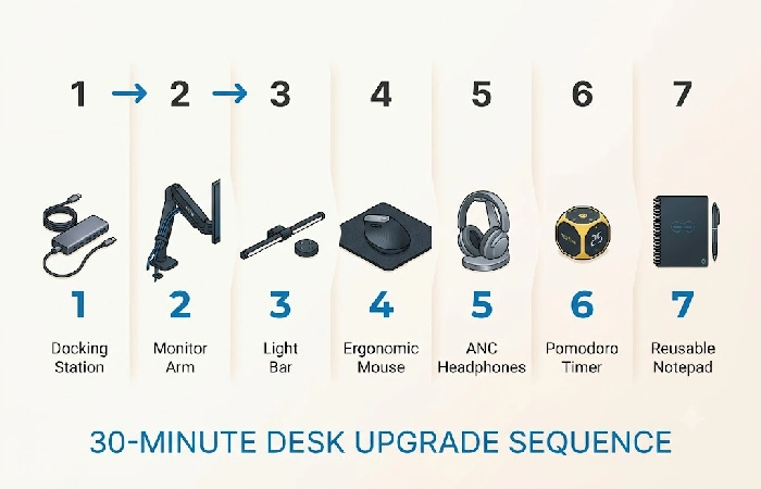 Step-by-step desk setup sequence showing docking station first, then monitor arm, light bar, and peripherals