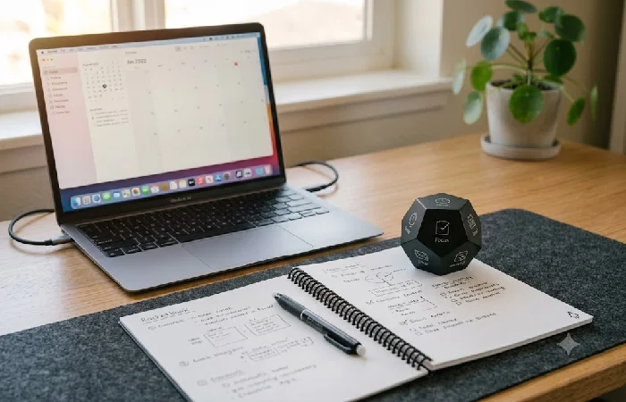 Rocketbook smart notebook and TIMEFLIP time tracker on an office desk beside a laptop