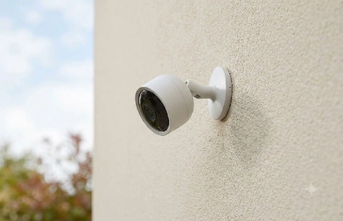 Security camera angled away from wall to fix infrared glare in night vision footage