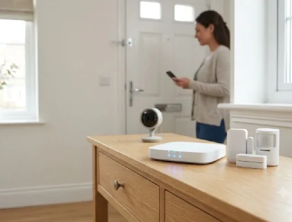 DIY home security system with camera and sensors set up in a home entryway
