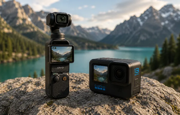 A split lifestyle scene covering video and action cameras in one image