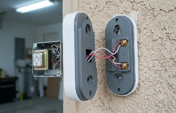 Smart doorbell camera wiring connected to a transformer