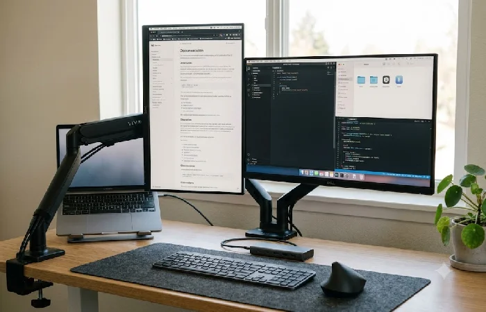 Dual monitor productivity setup with gas-spring arm and a single USB-C cable connected through a docking station