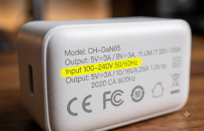 Charger label showing 100-240V dual voltage input rating