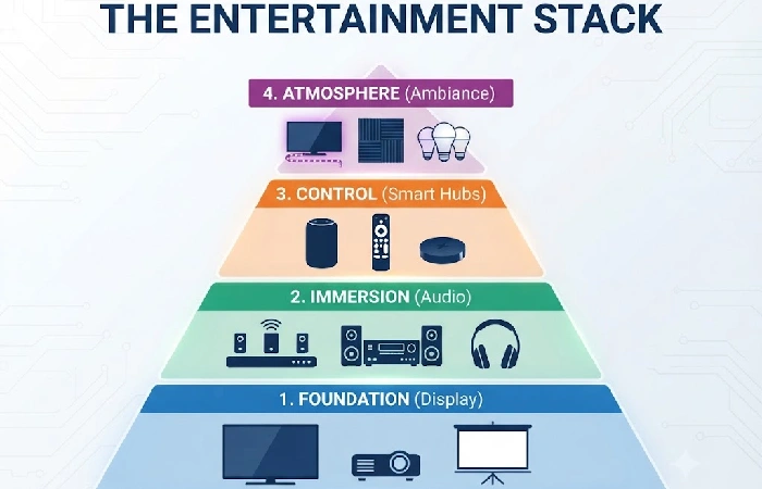 Entertainment Stack four-layer model showing Foundation, Immersion, Control, and Atmosphere