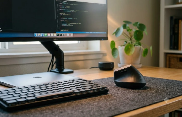Logitech Lift vertical mouse and a monitor light bar illuminating a desk surface without screen glare