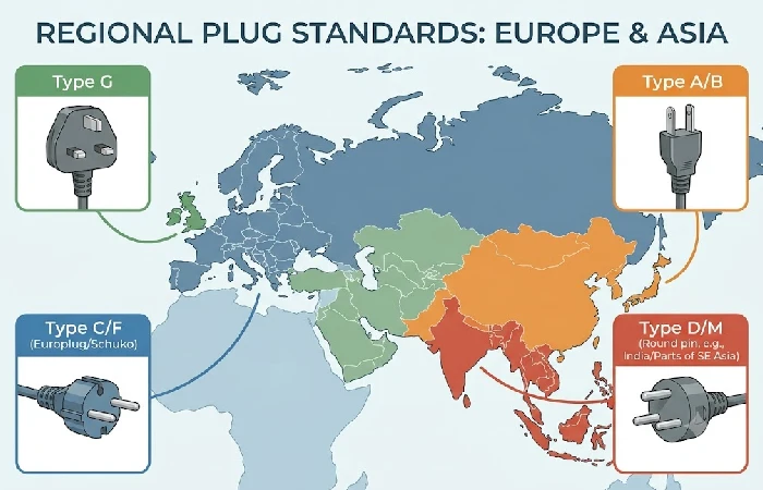 Plug types for Europe and Asia by region, 2026 travel adapter guide